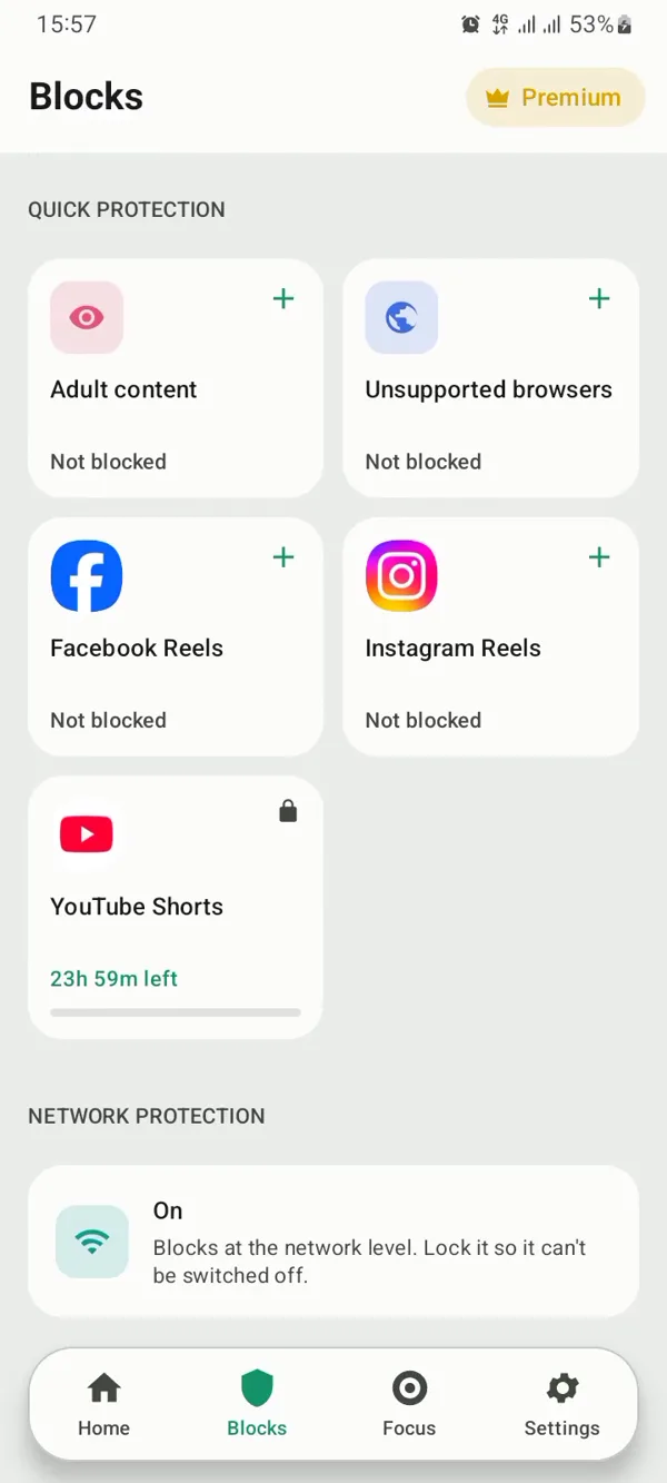 SelfGuard’s Blocks screen: adult content, Facebook Reels, Instagram Reels and YouTube Shorts, with YouTube Shorts locked for 23 hours 59 minutes.