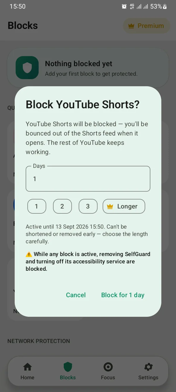 Blocking YouTube Shorts for 1 day, with the note: can’t be shortened or removed early.