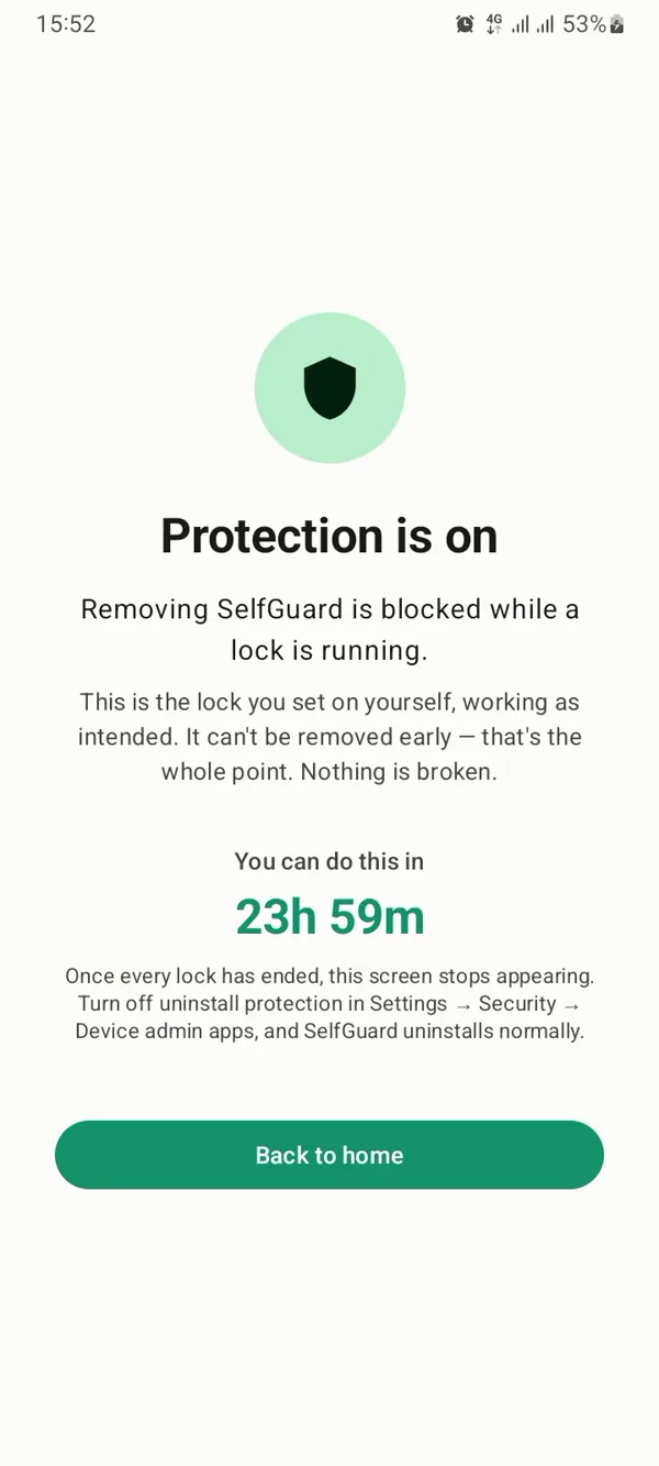 SelfGuard’s “Protection is on” screen: removing SelfGuard is blocked while a lock is running.